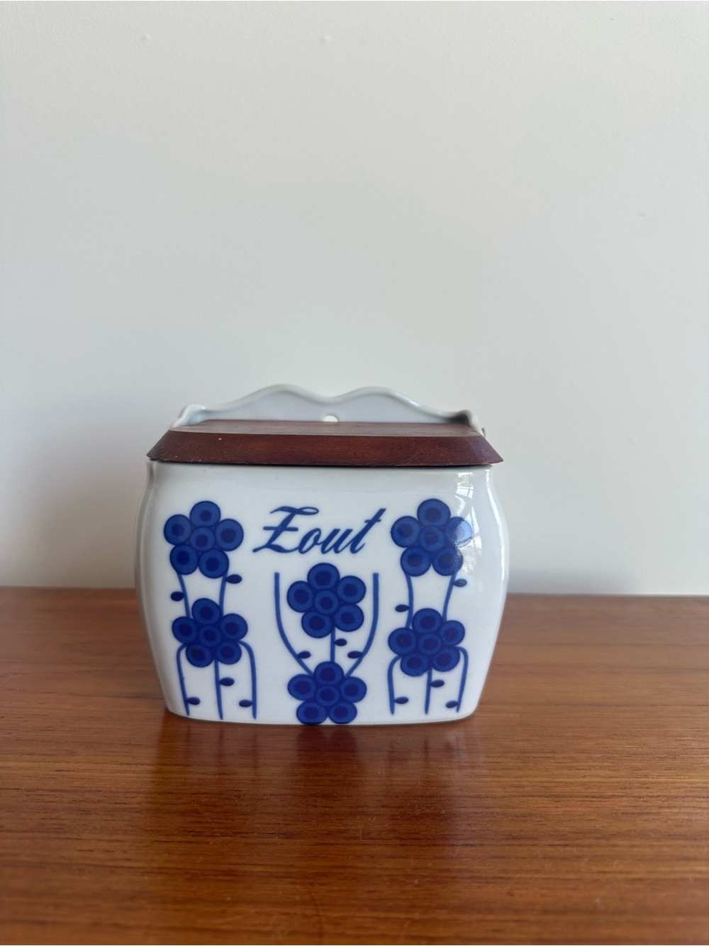 Blue Floral Ceramic Salt Box with Wooden Lid